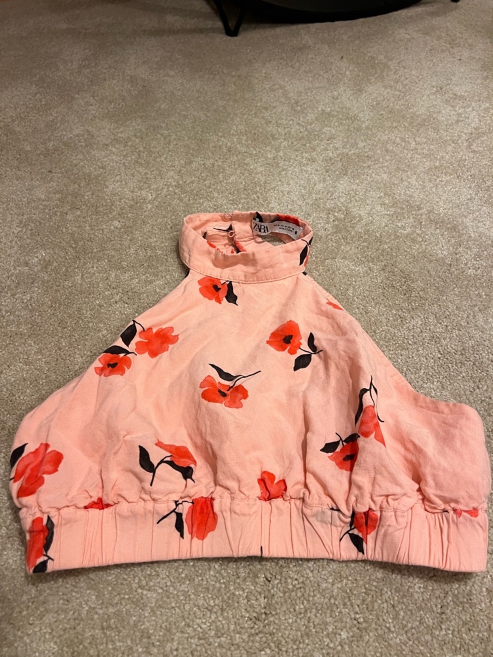 Zara Peach Floral Halter Crop Top with Red Flowers